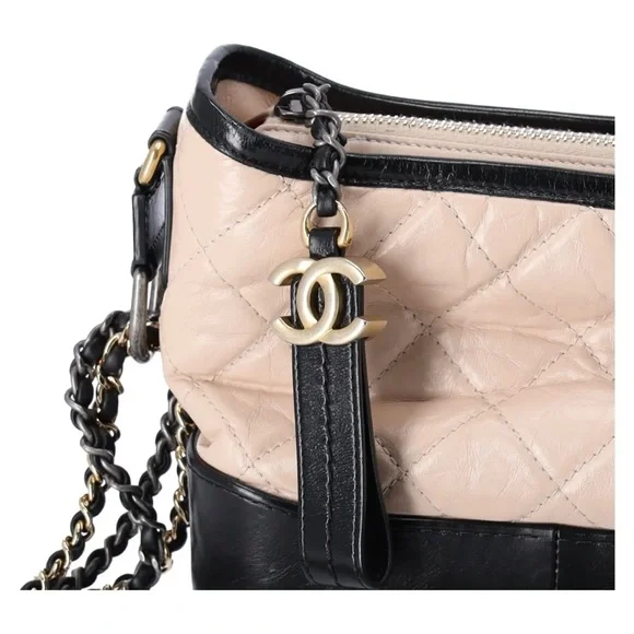 Chanel Small Gabrielle Hobo Bag Black Tan Beige Aged Calfskin Quilted Leather - Picture 10 of 12